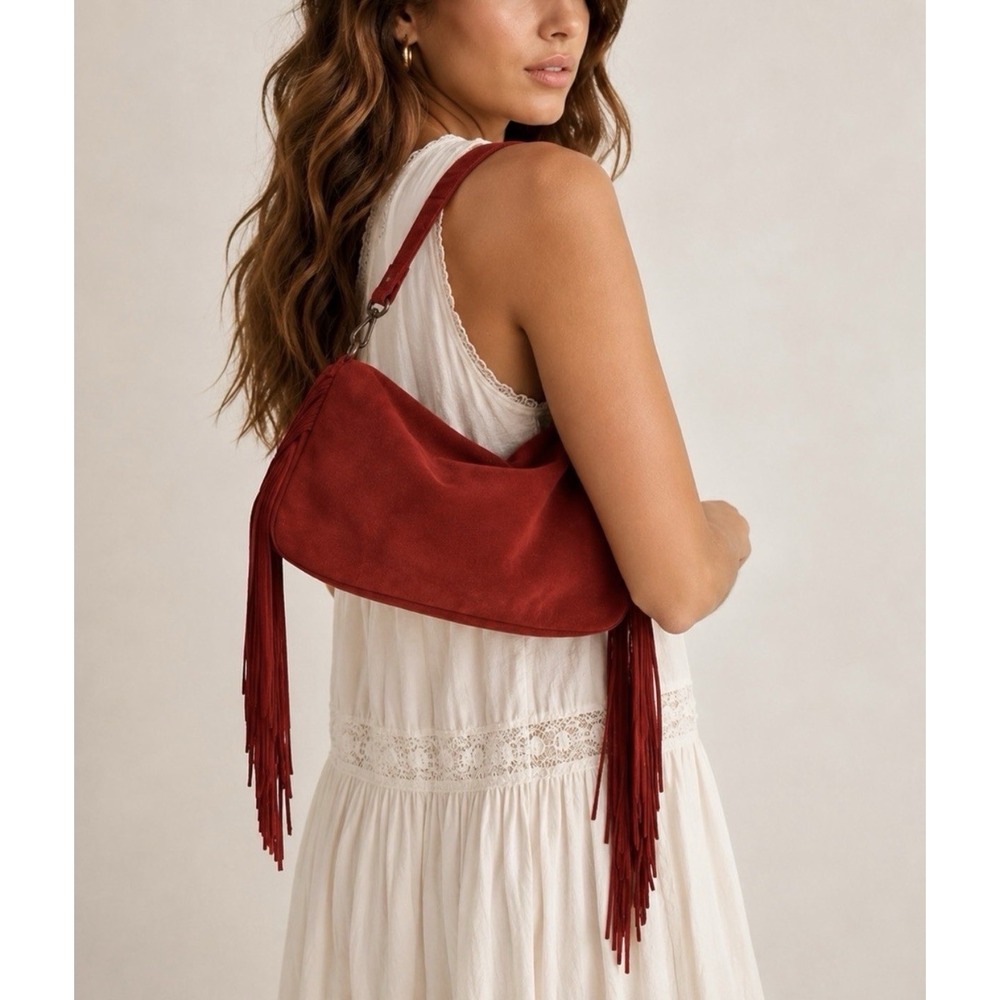 Free People Finn Fringed Suede Leather Shoulder Bag Red NWT Sold Out